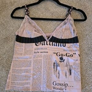 RARE John Galliano Pink (Dior Era) Newspaper Print Lace-Trim Cami
